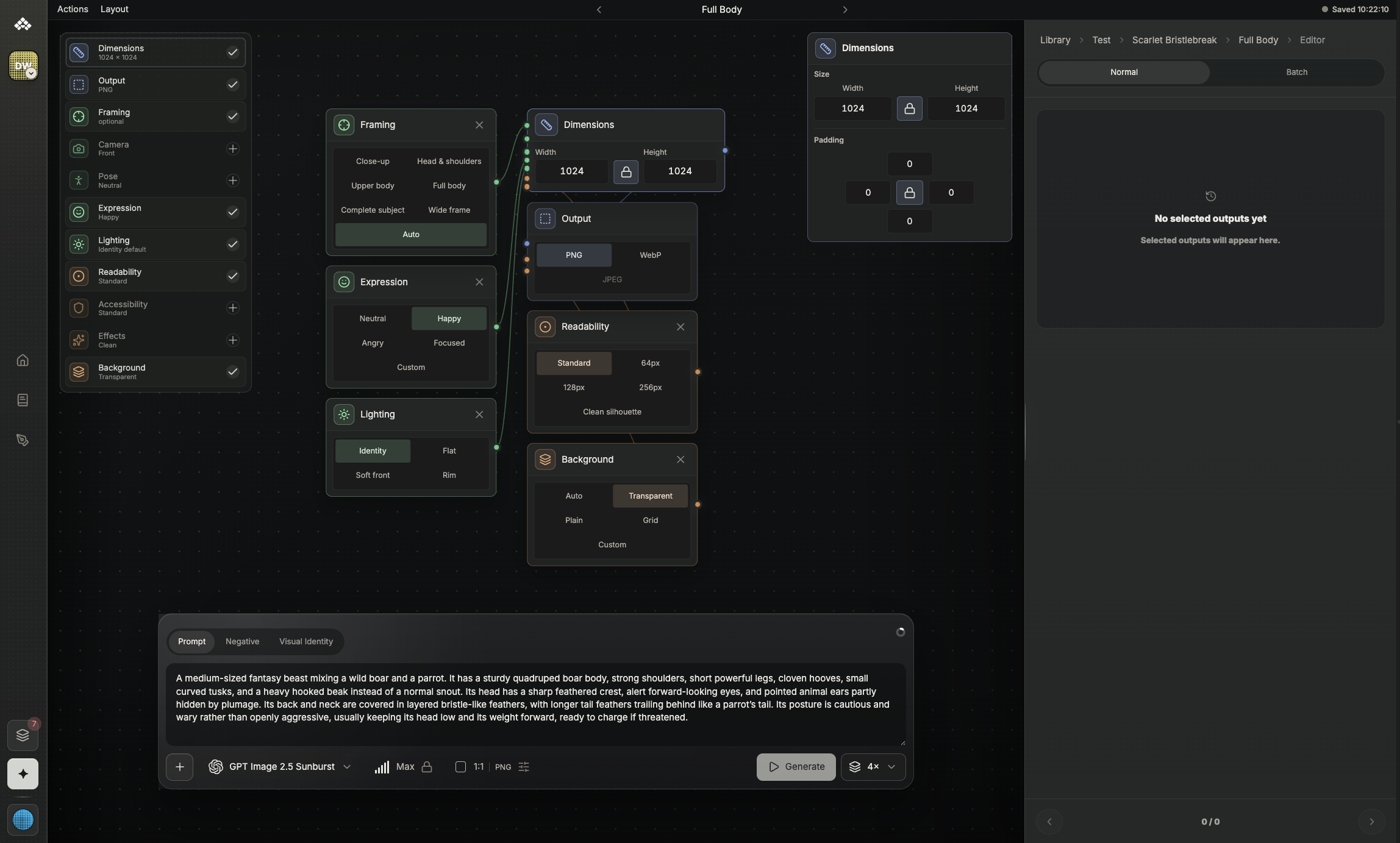Blueprint editor with connected framing, expression, lighting, dimensions, output, readability, and background controls beside an empty results panel