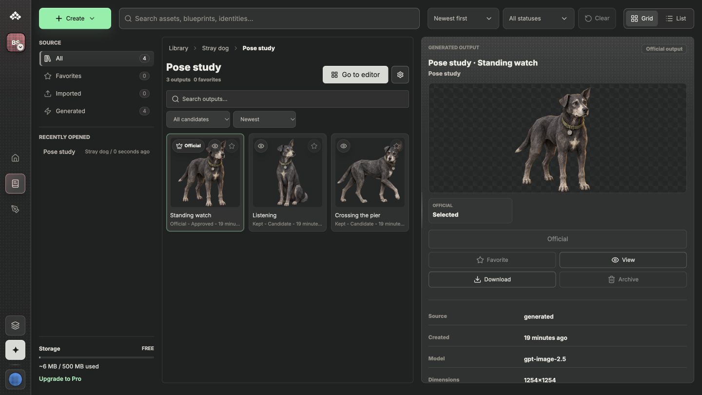 Assets Studio library comparing three related stray-dog poses with one result selected and its details open